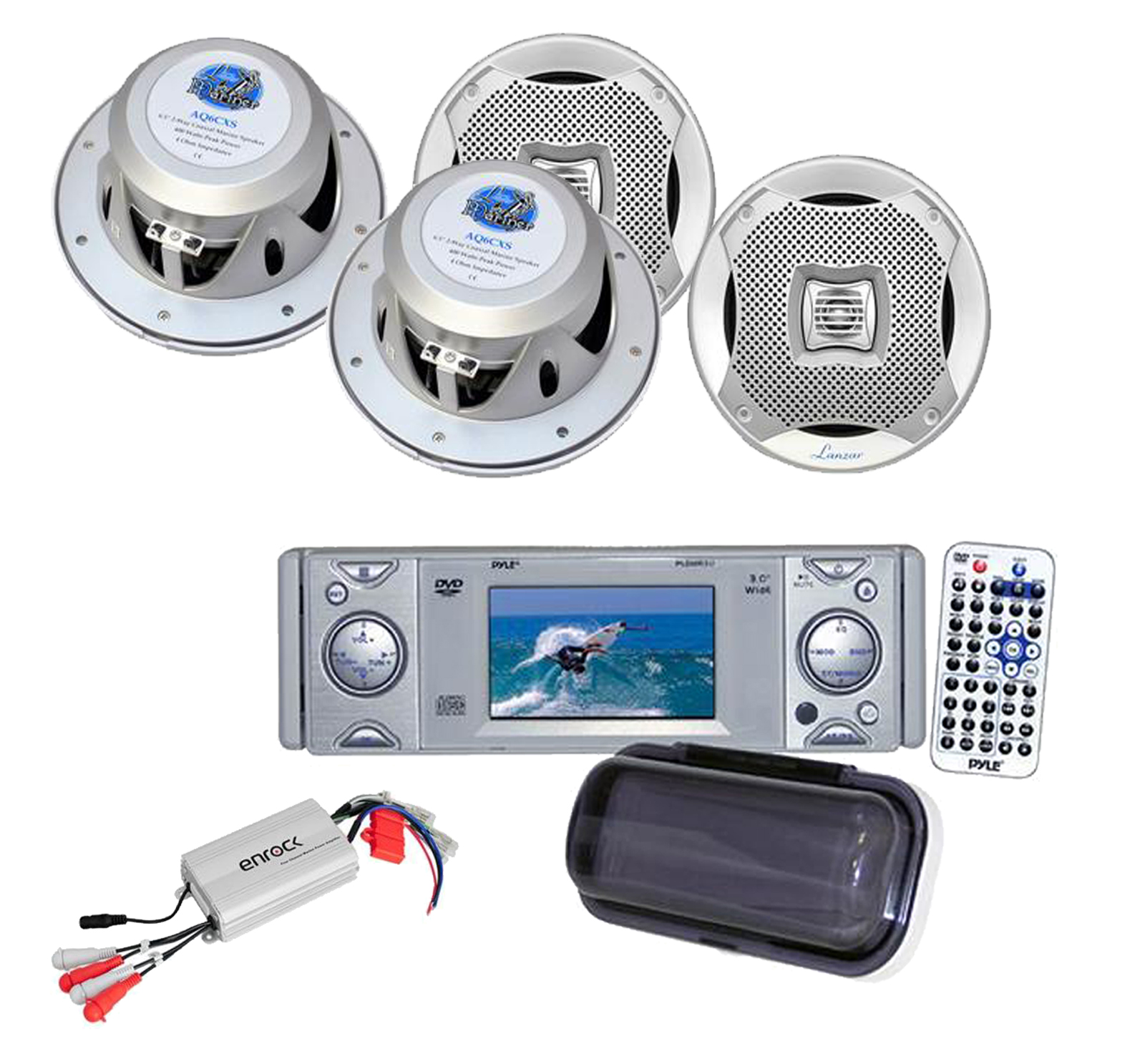 Pyle New Marine DVD CD Radio Player w/3" Monitor+ 4x White Lanzar 6.5