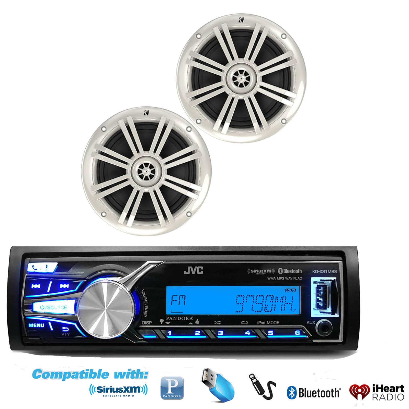 New JVC Marine AUX USB SD Car Input Stereo 6.5" Kicker 4ohm 150W White