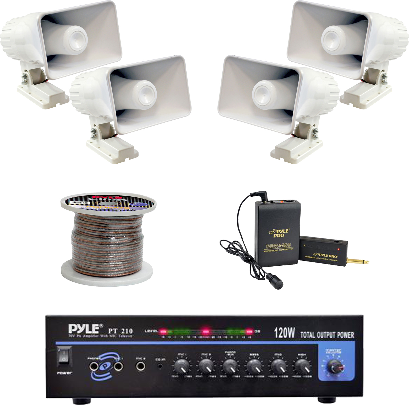 Lavalier Mic System PT210 Mono Mic Amplifier Speaker Wire PA 6/" Horn Speakers