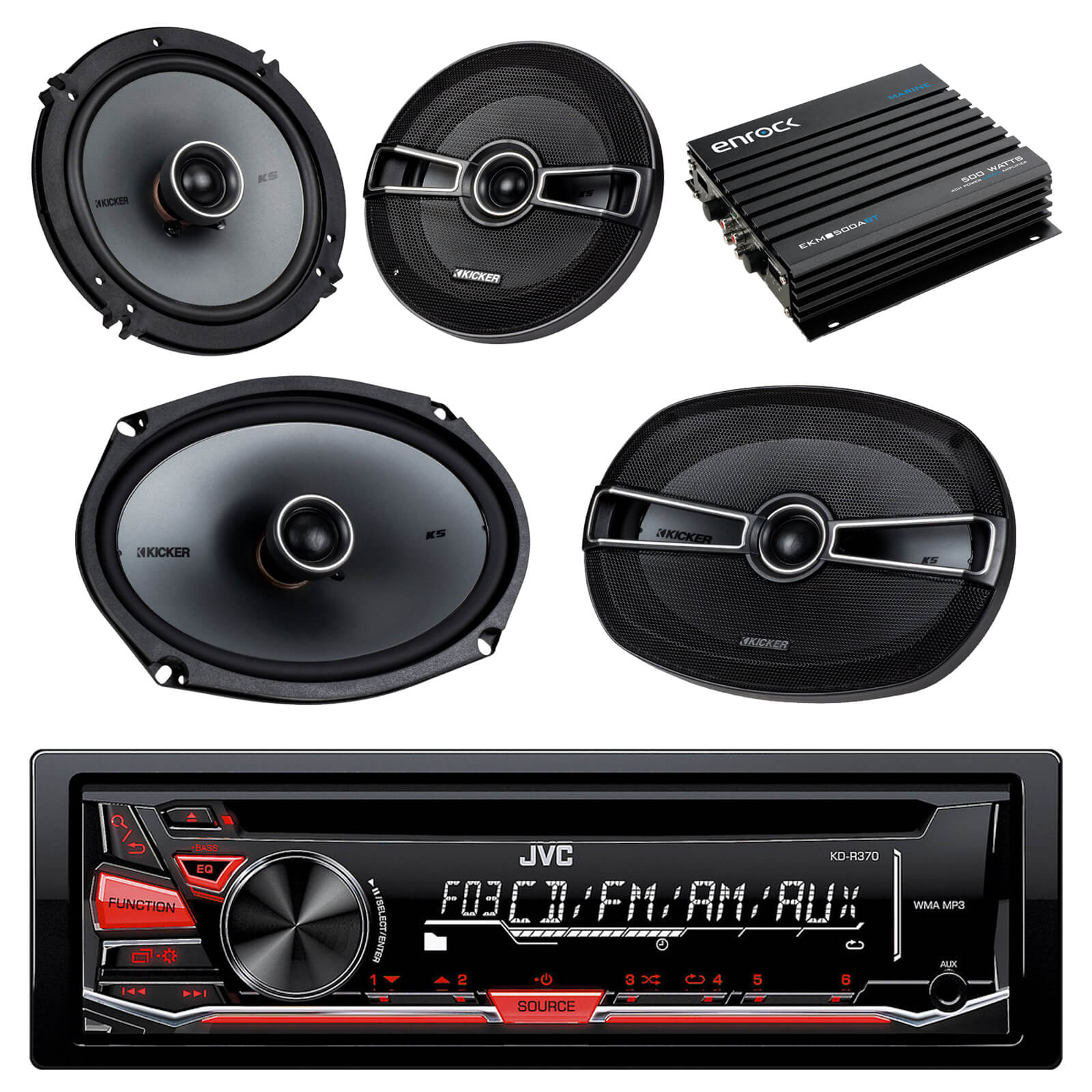 JVC Car Bluetooth Receiver W Pair Of Kicker 6.5" And 6x9" Speaker With
