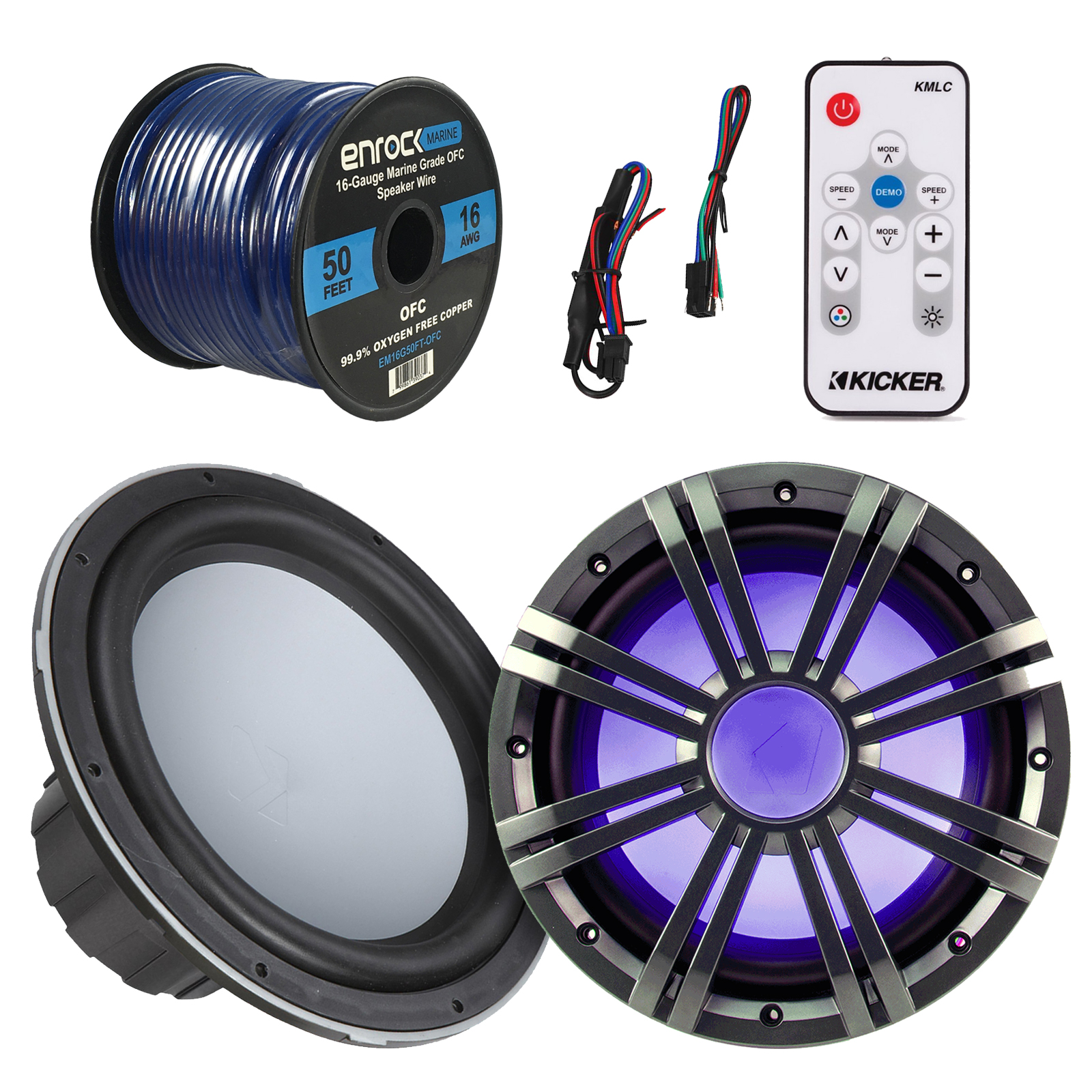 Kicker 10"4ohm Marine 150W Subwoofer,Kicker Charcoal LED Grill,LED
