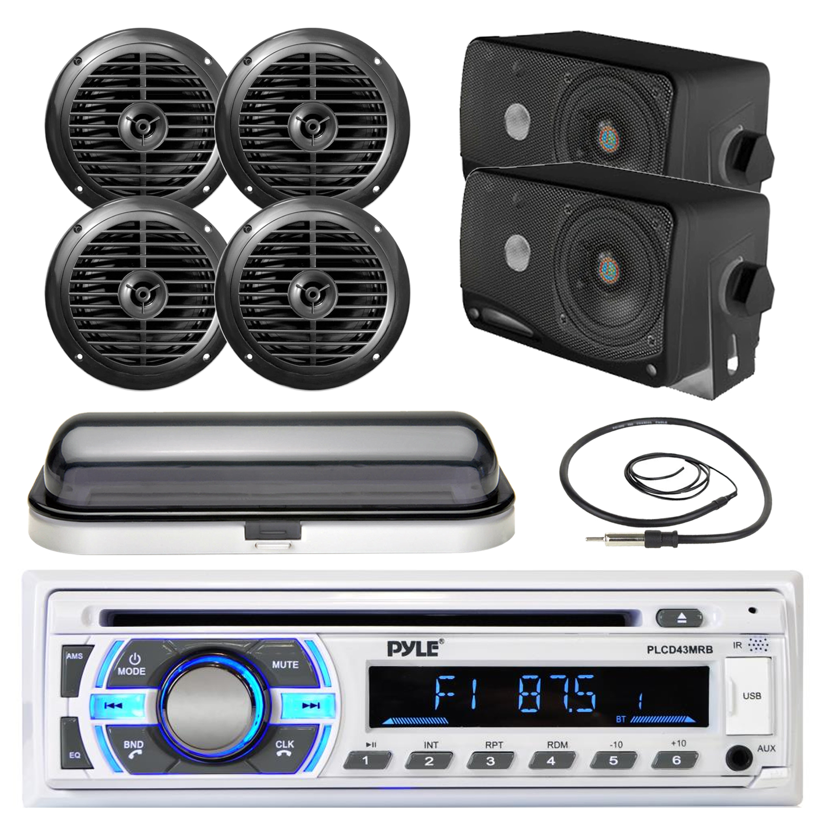 Sound Around Pyle in-Dash Marine Boat AM//FM USB AUX Radio Headunit Receiver Speaker Wire Radio Shield Antenna 6-Channel Bluetooth Amplifier 6 x Lanzar 5.25 2-Way White Audio Speakers