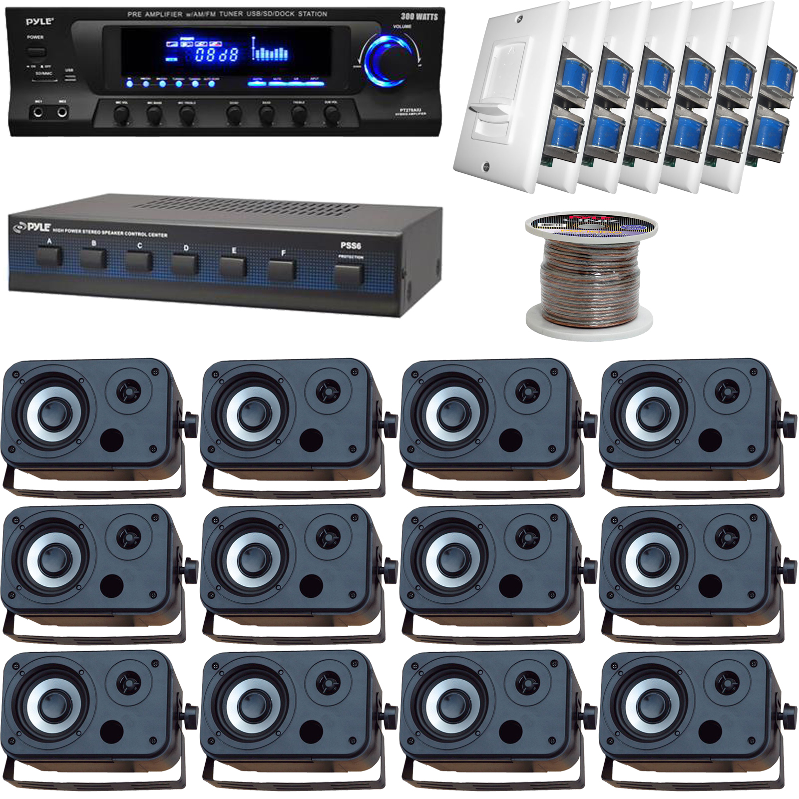 5.25" Black Box Speakers, Volume Knob,Speaker Selector, AM FM USB