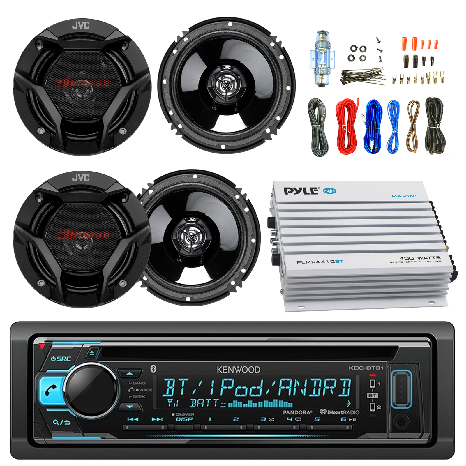JVC 6.5" CSDR620 Speakers, 400W Bluetooth Amp and Kit, KDCBT32 CD USB