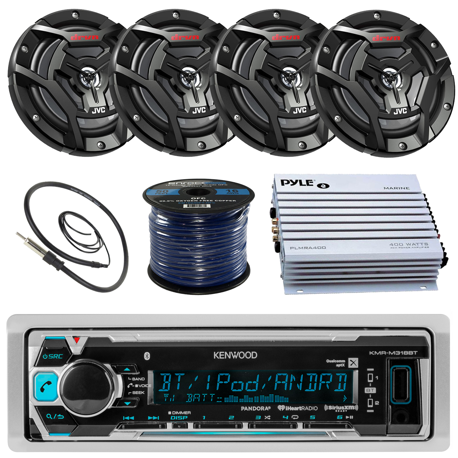 Kenwood Marine Receiver, 2x 100W 6.5" Speaker, Amplifier