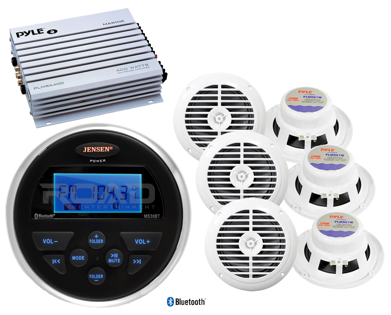 400W Marine Amplifier,Jensen USB Bluetooth AUX Receiver, 6 White 6.5