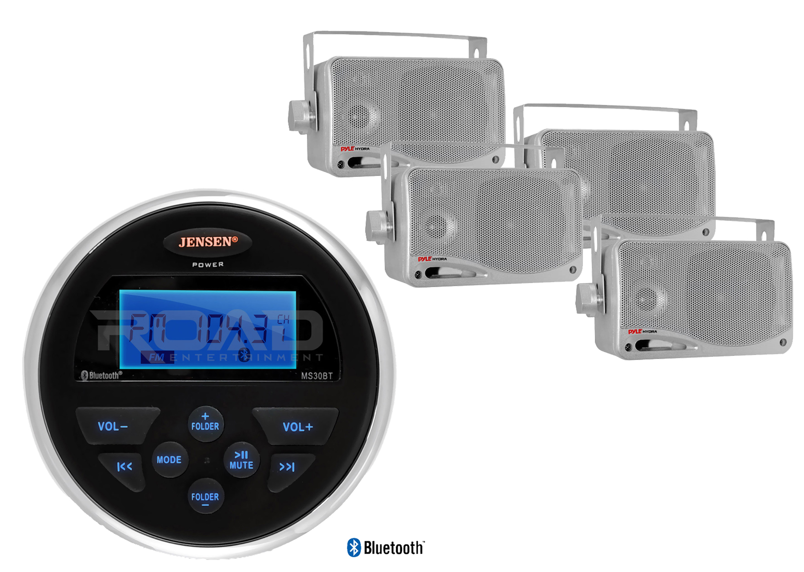 Jensen Bluetooth USB AM FM AUX Marine Radio, 4 Marine Silver 3.5" Box Speakers eBay