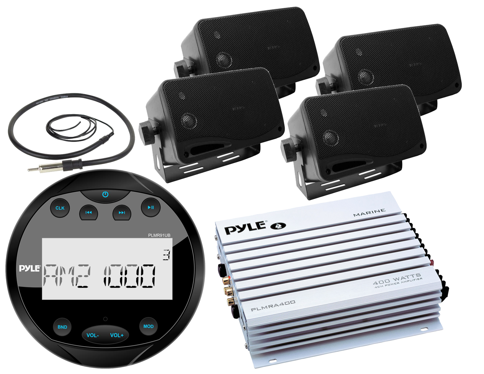 3.5/" Box Speakers 400W Amplifier Pyle Round AMFM Bluetooth Boat Radio Antenna