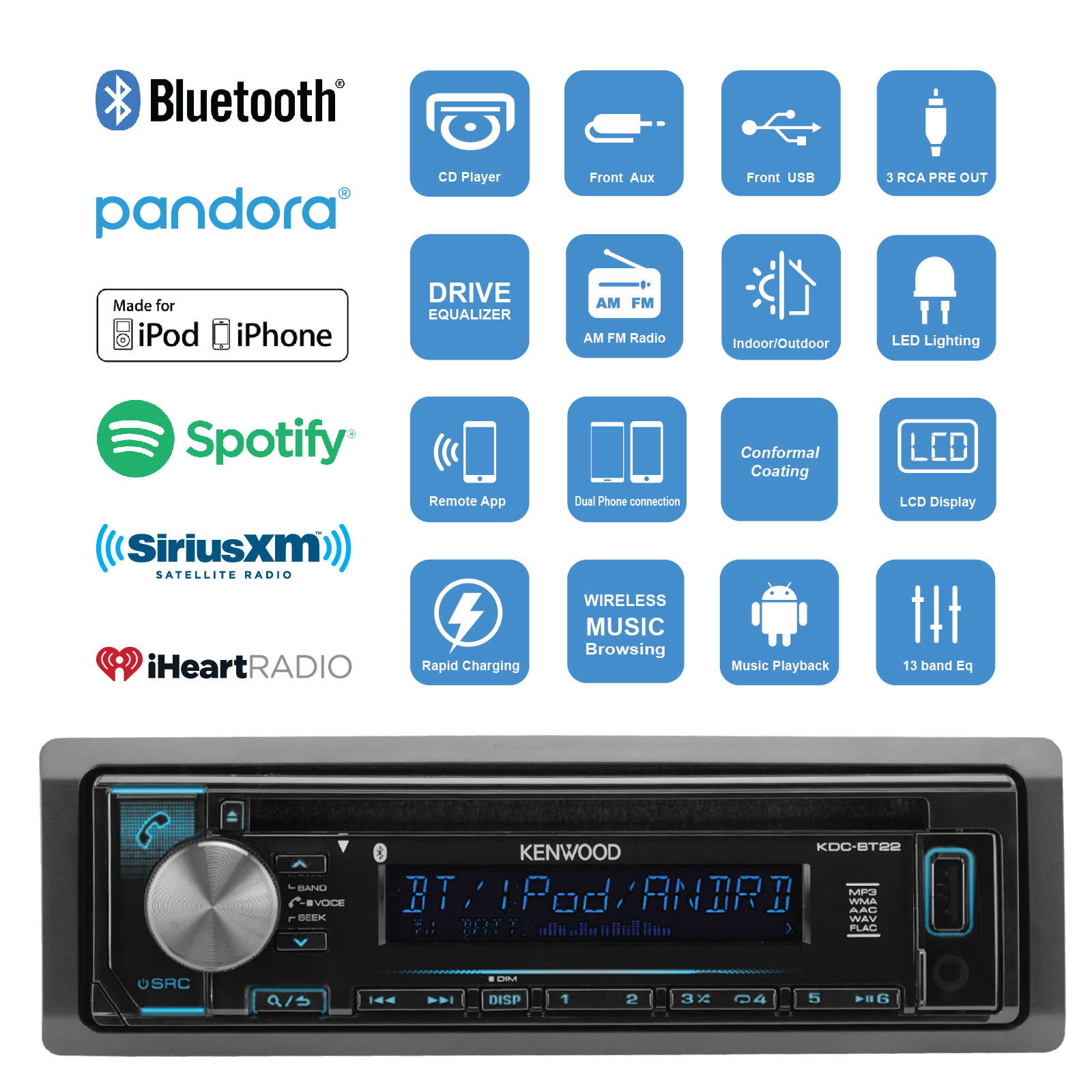 Kenwood In Dash Single DIN CD Bluetooth Audio Stereo Car Receiver w