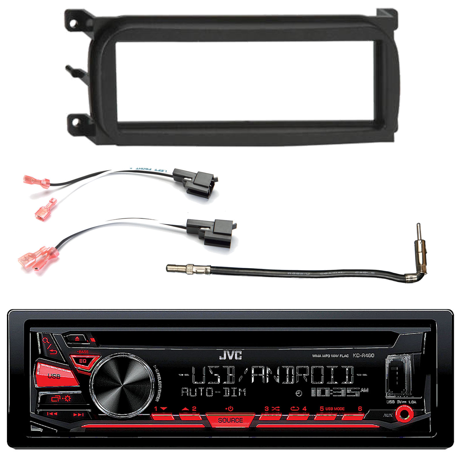 JVC Single DIN CD/AM/FM/ Stereo, Dash Kit , Speaker Connector, Antenna