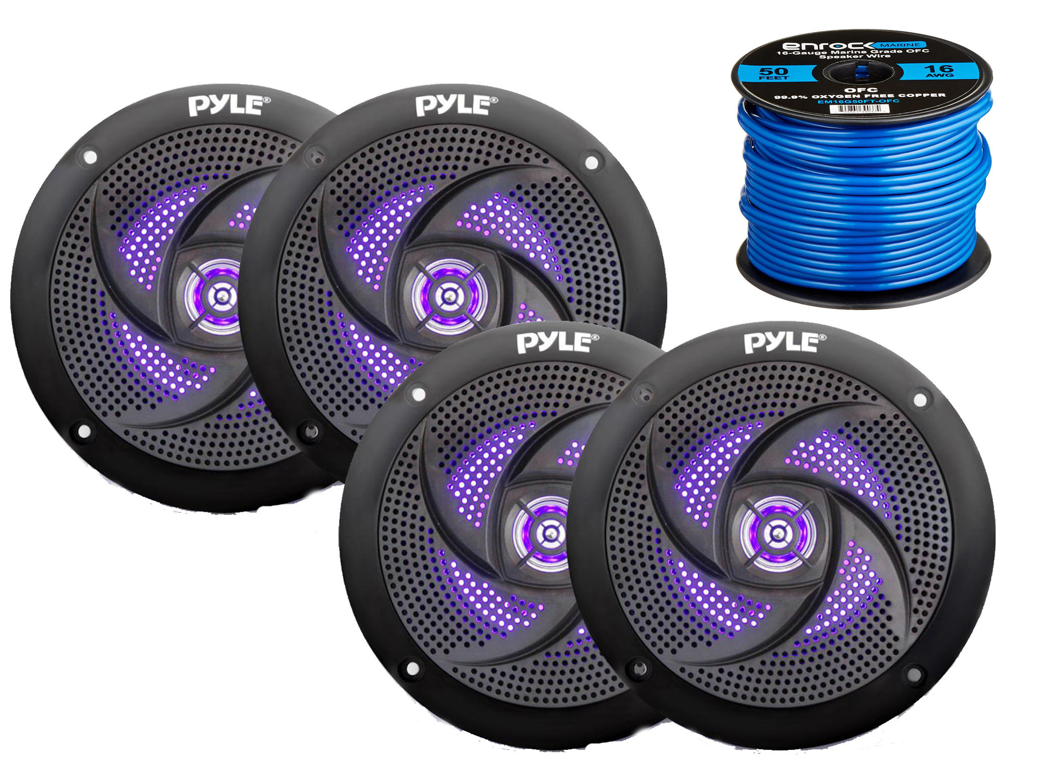 4x Pyle Marine 5.25" 2Way Waterproof Black LED Speakers, 16G 50 Ft