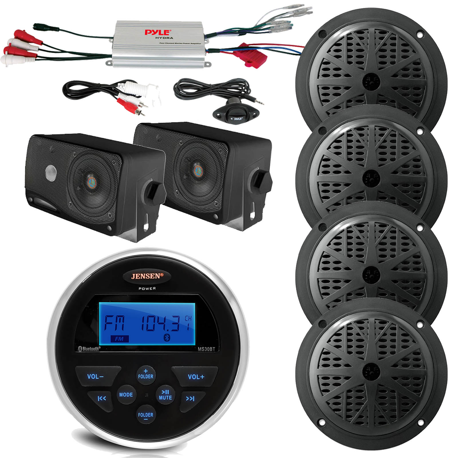 Round Marine Jensen Bluetooth AUX USB Radio, Amplifier, 6 Black Marine