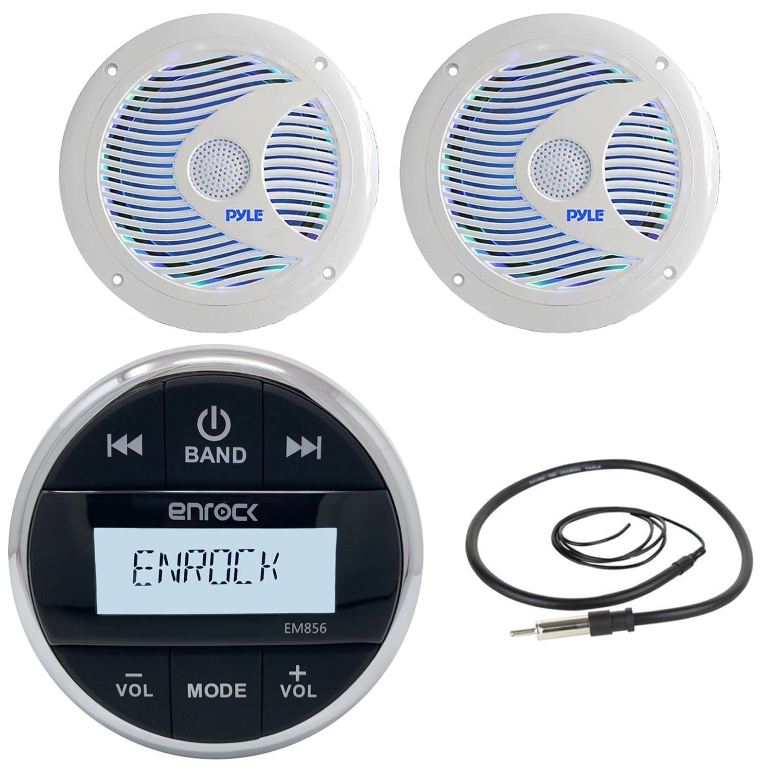 EM856 Marine AM FM Bluetooth AUX Radio,Antenna, MultiColor LED 6.5