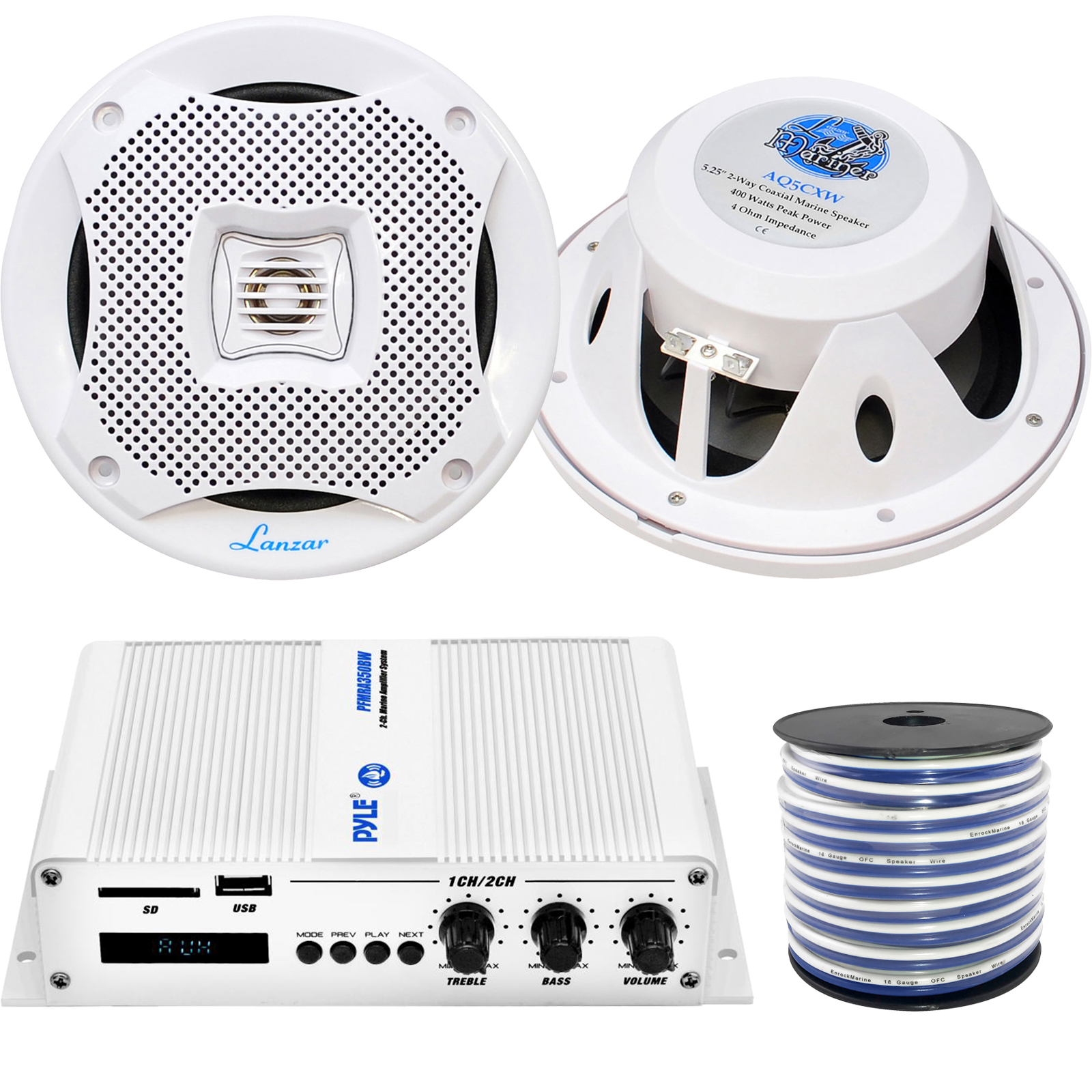 White 5.25/" Marine Speakers 600W Built 2 Channel Amplifier Bluetooth Waterproof