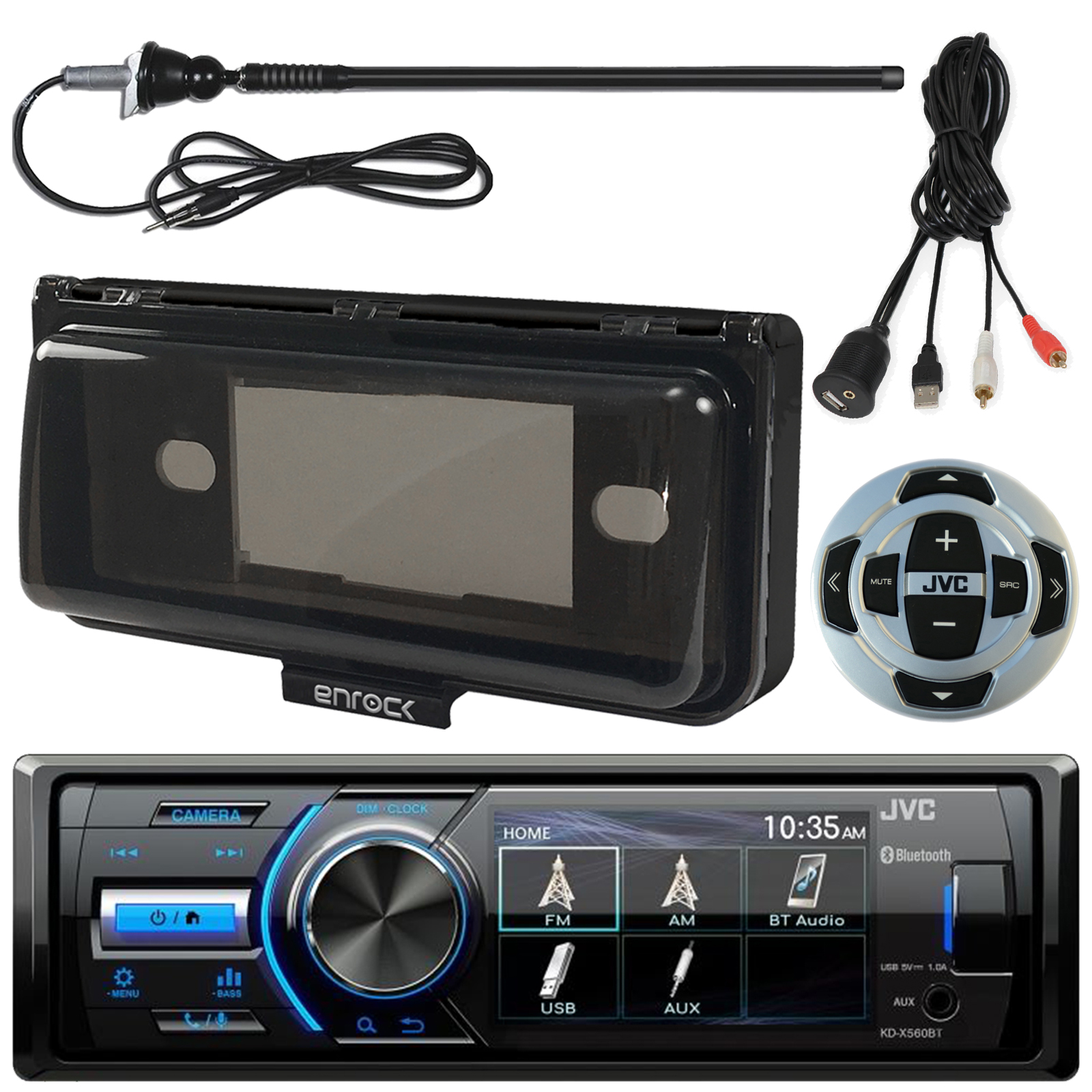 Motorcycle Bluetooth Receiver w/Cover, Wired Remote, Antenna, AUX