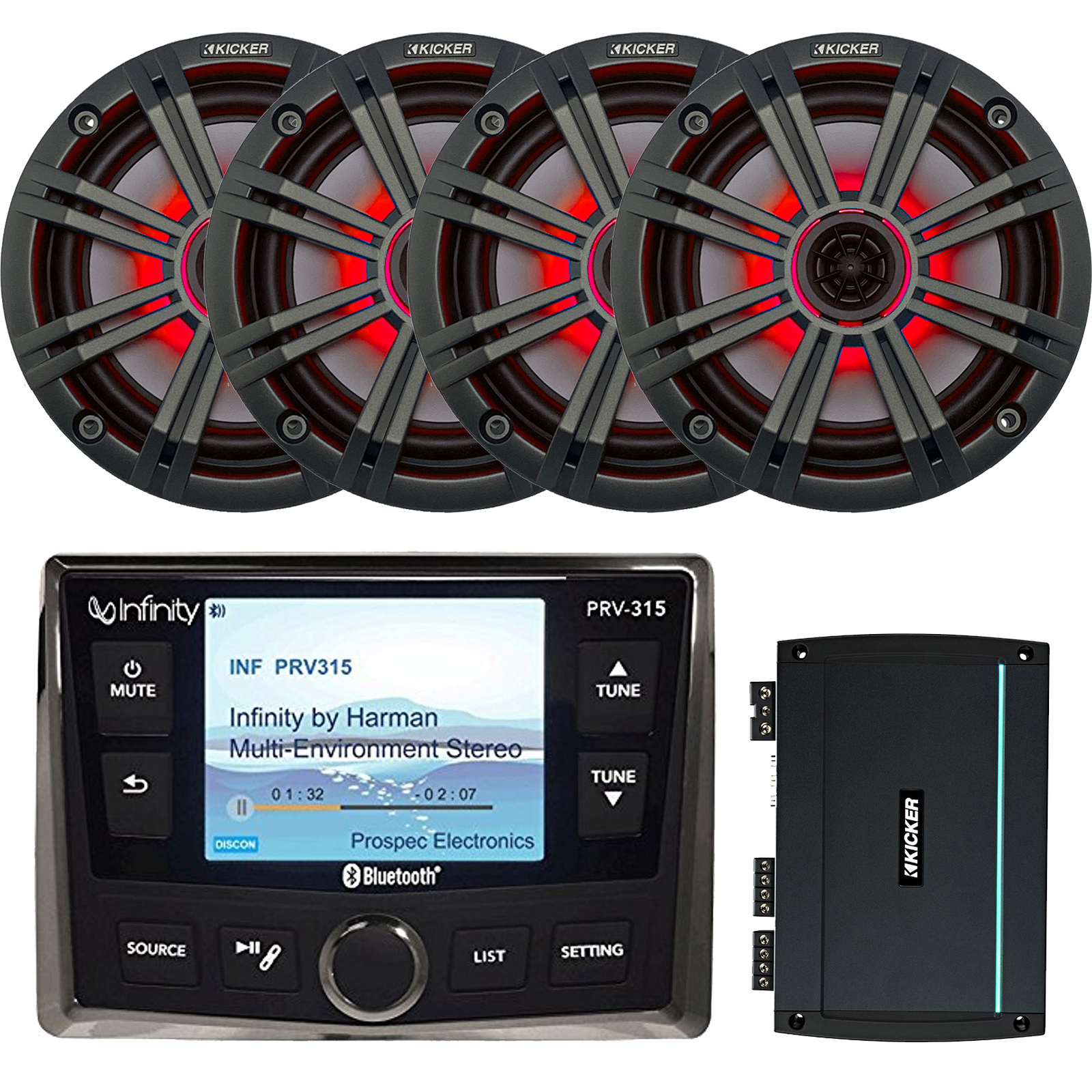 Kicker 6.5" LED Marine Speakers, Kicker 400W Amp, Bluetooth Marine