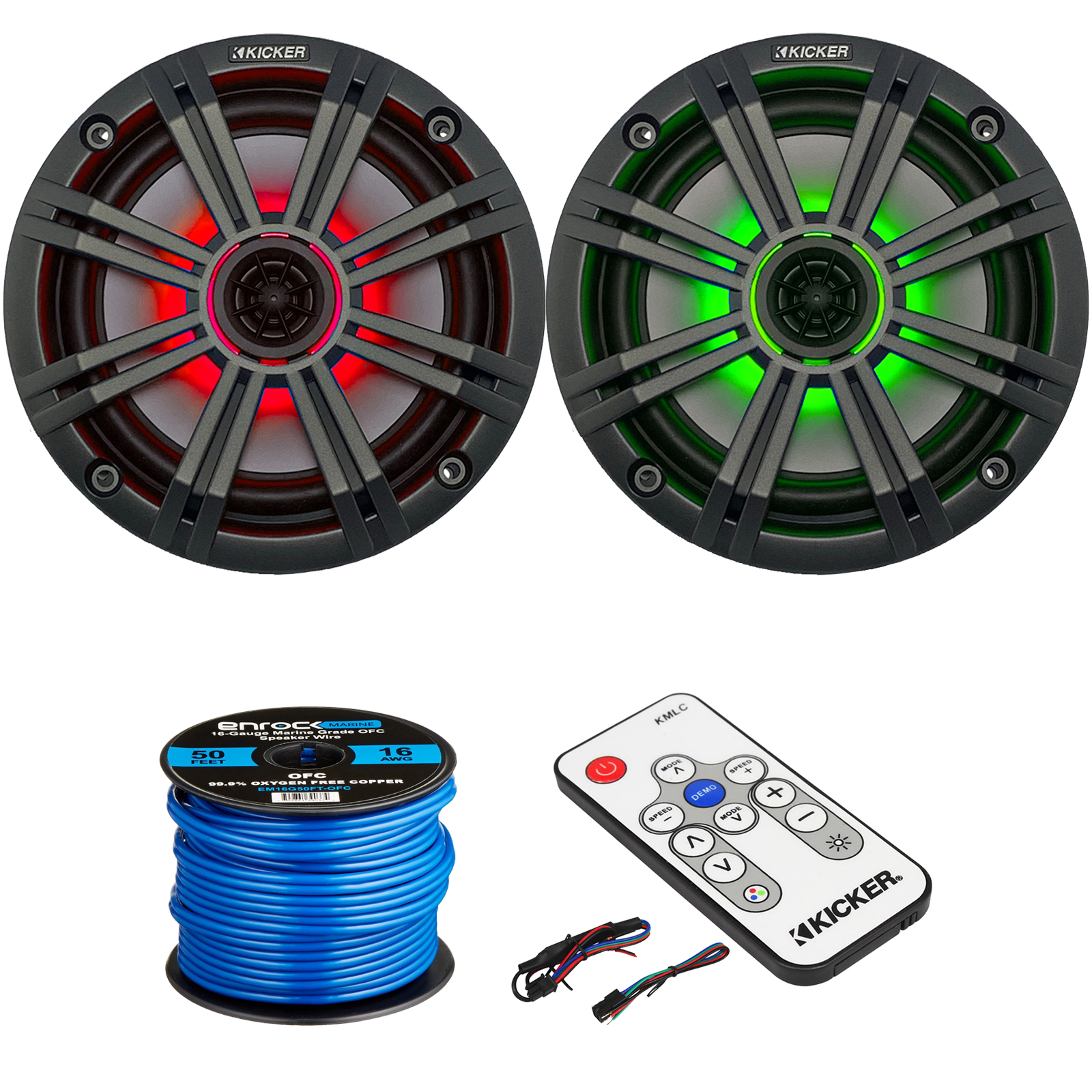 2 x Kicker 6.5" Marine LED Charcoal Speakers, LED Lighting Remote