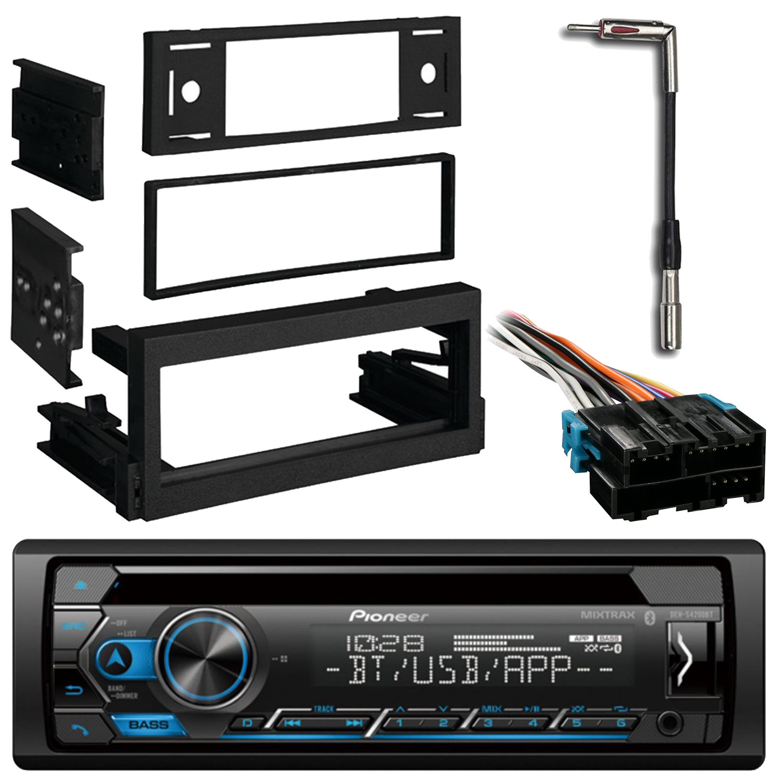 Pioneer Bluetooth CD USB Radio, GM Dash Kit, Antenna Adapter, GM Wire