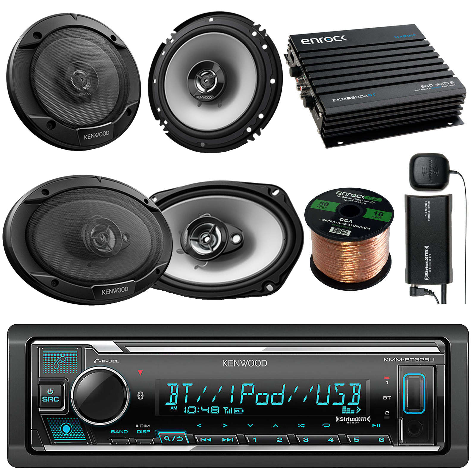 Kenwood Bluetooth USB Radio, Sirius XM Tuner, 400W Amp, 6.5" and 6x9