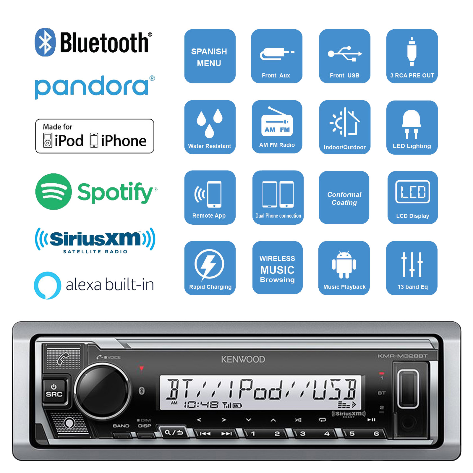 Kenwood KMRM328BT SingleDIN USB AUX Bluetooth SiriusXM Ready Receiver