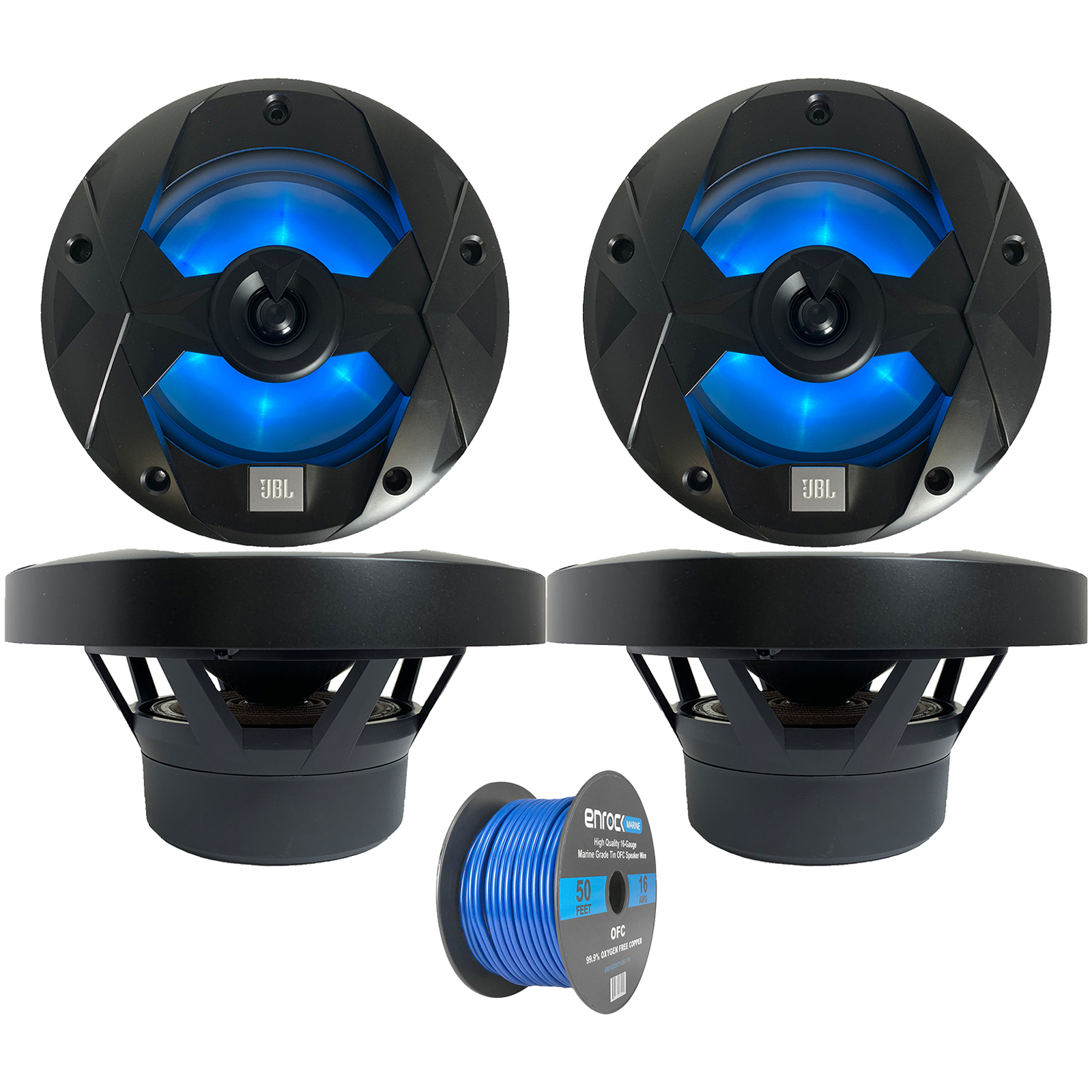 4x JBL Club Marine 8" 2Way Audio Black LED Speakers, 16 Gauge 50Ft