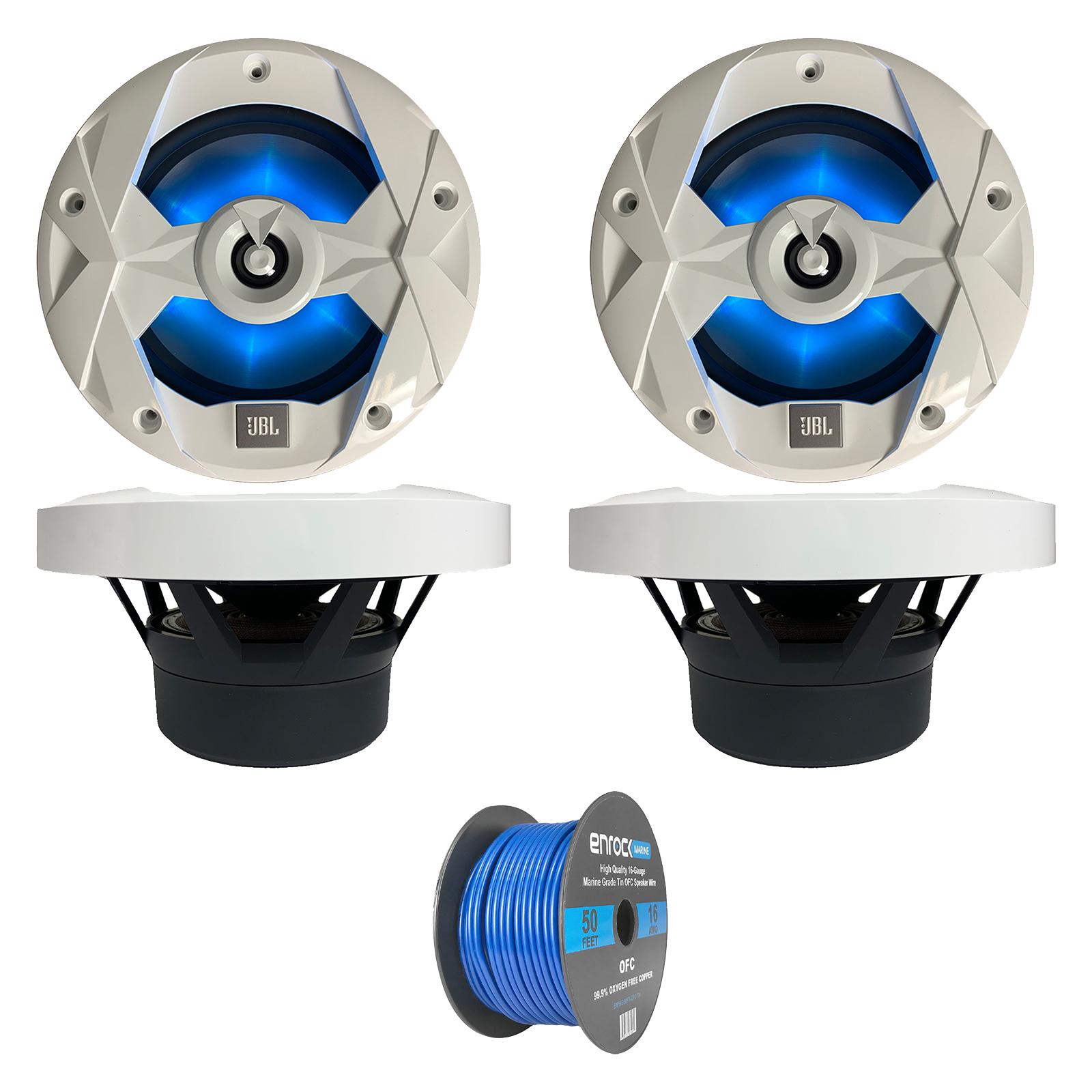 4x JBL Club Marine 8" 2Way Audio White LED Speakers, 16 Gauge 50Ft Speaker Wire 709016531538 eBay