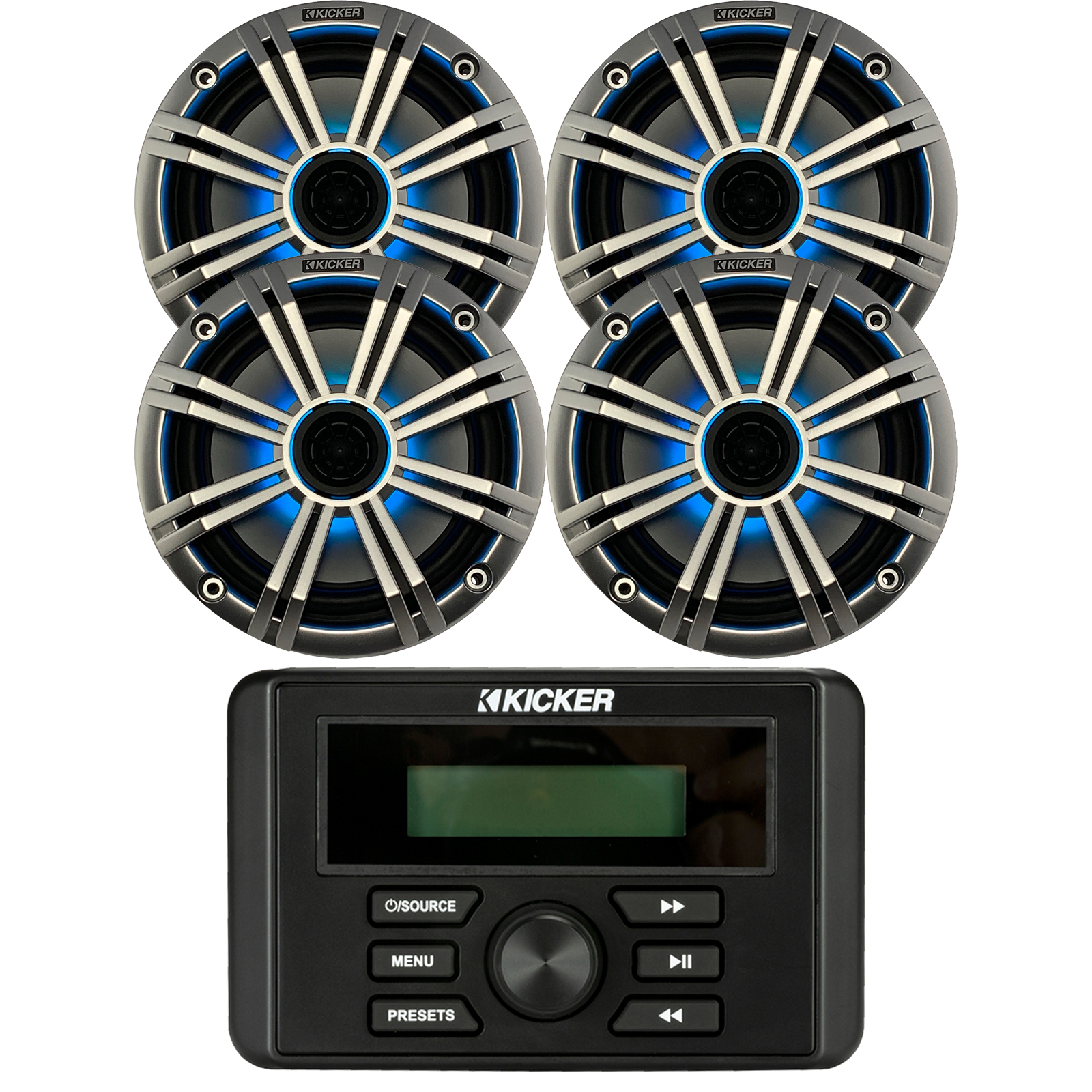 Kicker KMC3 Bluetooth USB Radio, 4x Marine Multi Color LED Kicker 6.5