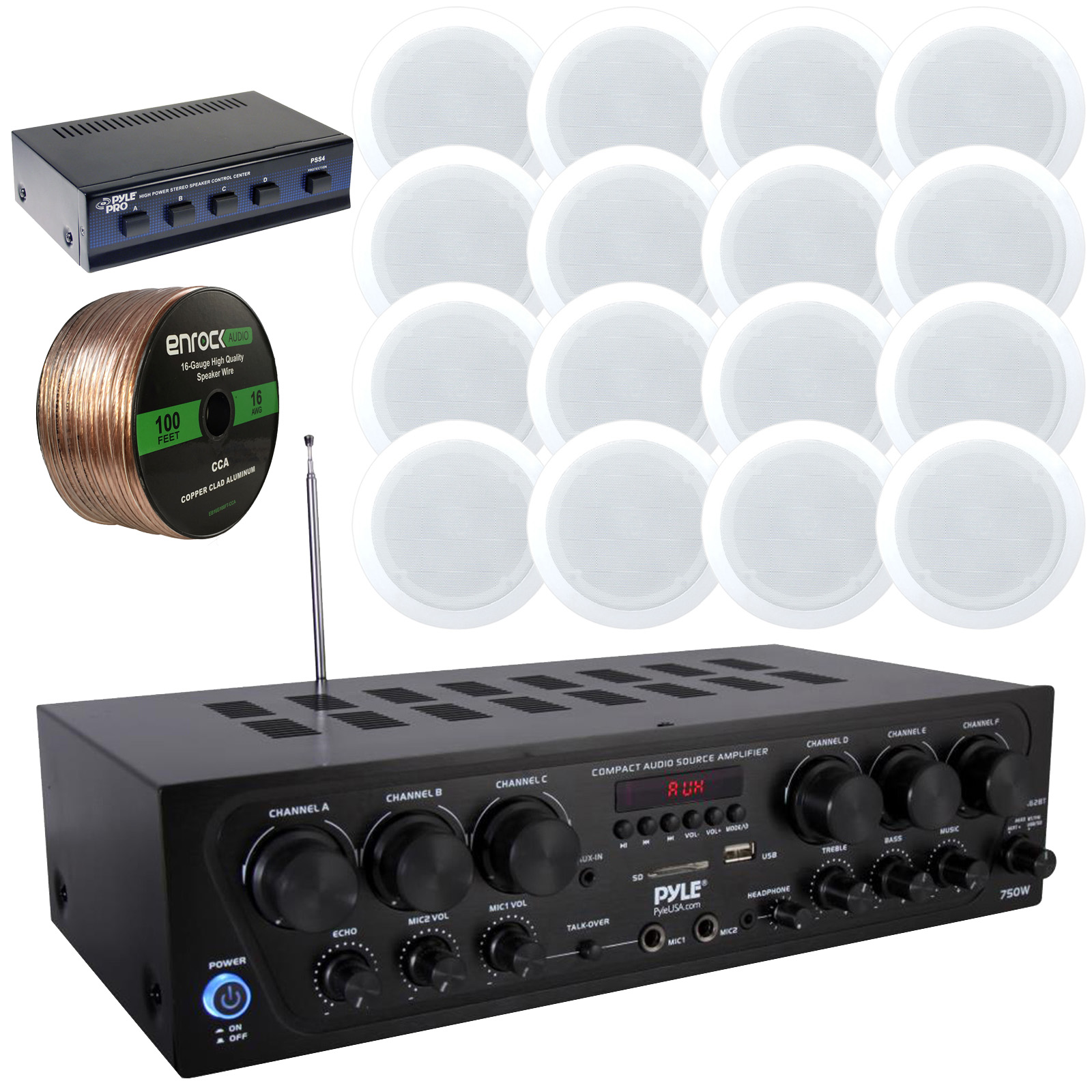 Home Receiver, 4CH Speaker Selector, Wiring, 16x 5.25'' In-Wall Speaker