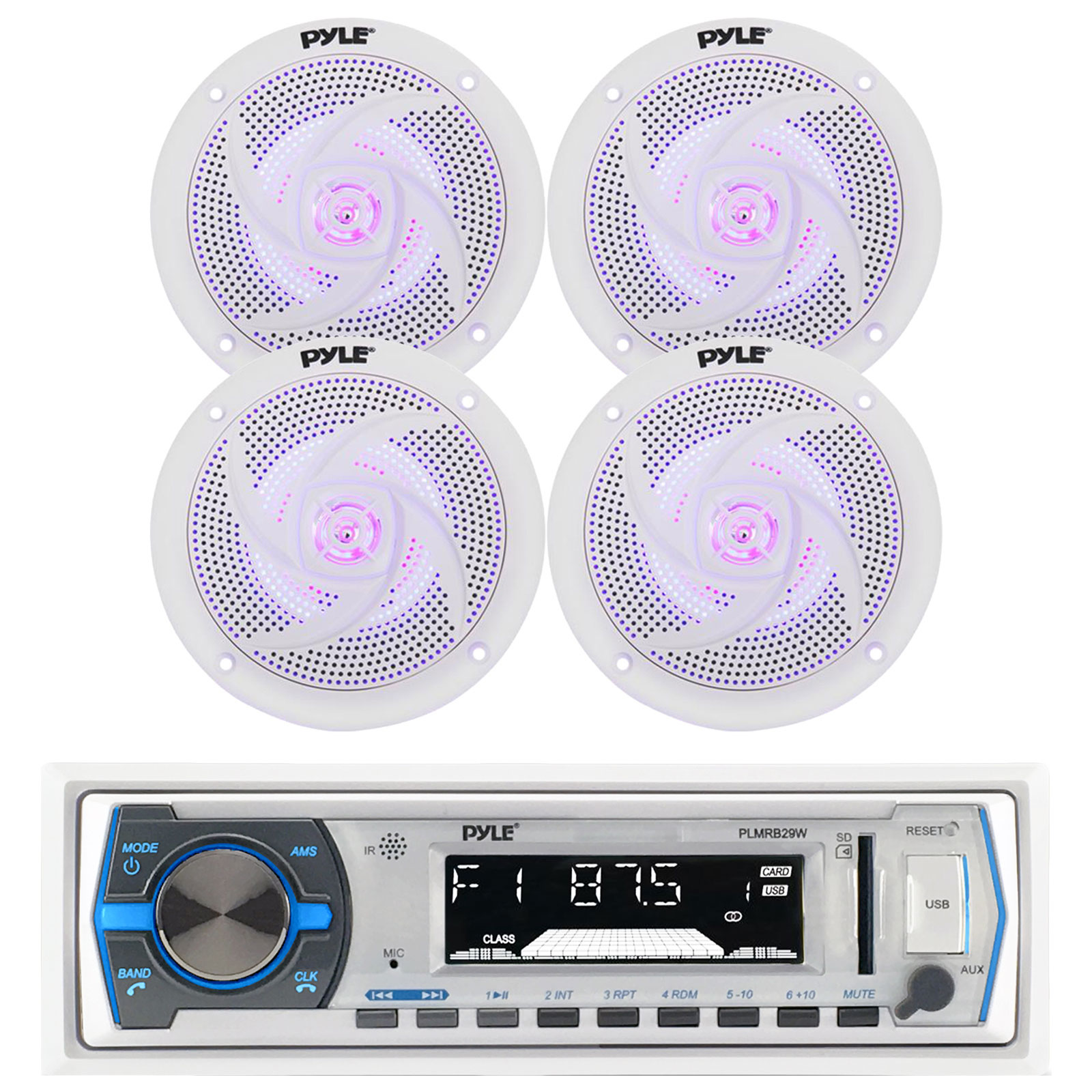 Pyle Marine Boat Stereo System - In-Dash MP3/USB Receiver & 4 X 4-Inch White Marine Speakers - PLMRB29W-2/PLMRS43WL