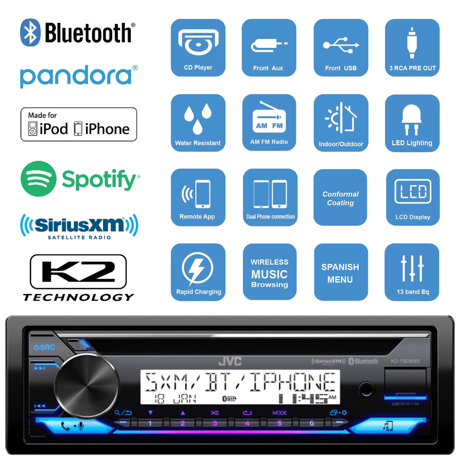 JVC Bluetooth FMラジオCD複合デッキ KD-T925BTS JVC Single-Din CD Player Head Unit with Bluetooth, Dual