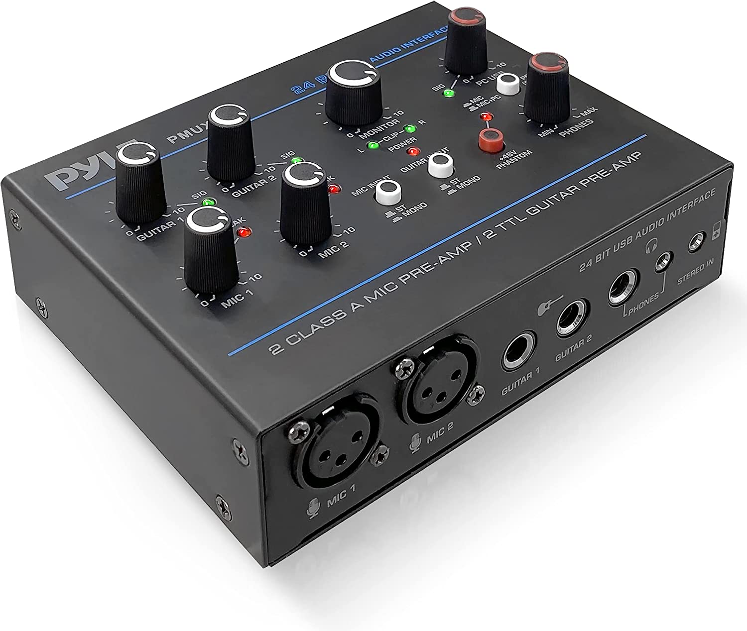 Pyle Professional USB Audio Interface with MIC, Guitar, AUX Stereo Inputs,  Phone/Monitor Outputs, Ideal for Computer Playing & Recording, Compact