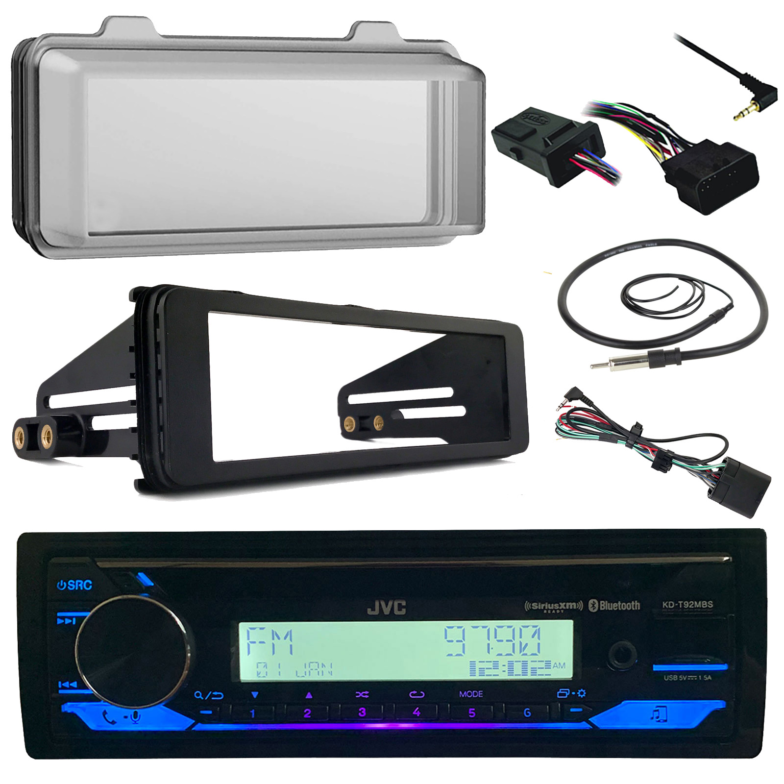 Kenwood KMRD365BT Marine Radio Stereo Receiver Bundle, 1998 2013 Harley Davidson Touring FLHT FLHX FLHTC + Adapter Dash Kit with Handle Bar Control