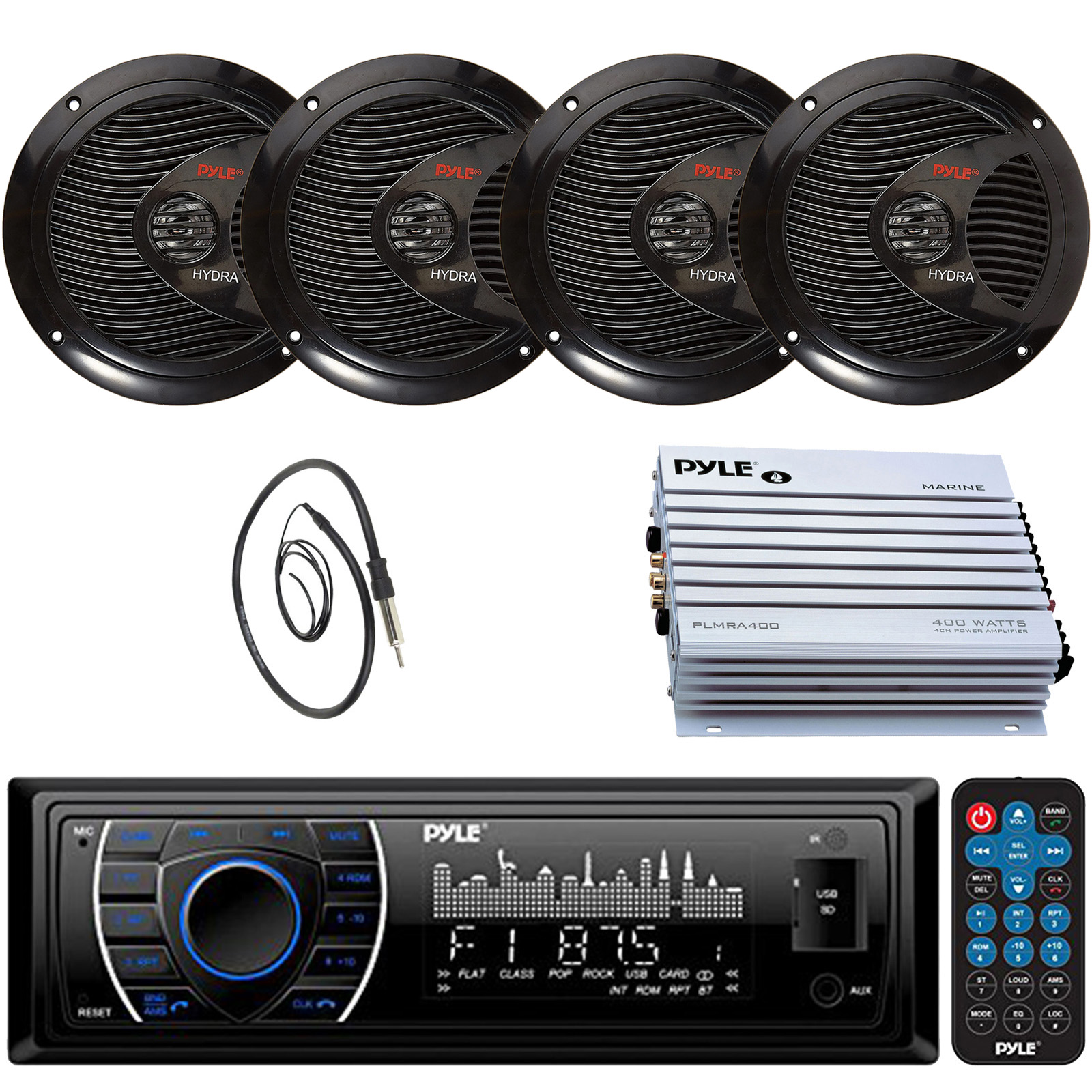 Pyle 1-DIN Marine CD Receiver, 4x 6.5'' 240W Max Speakers, 4 Channel Amplifier