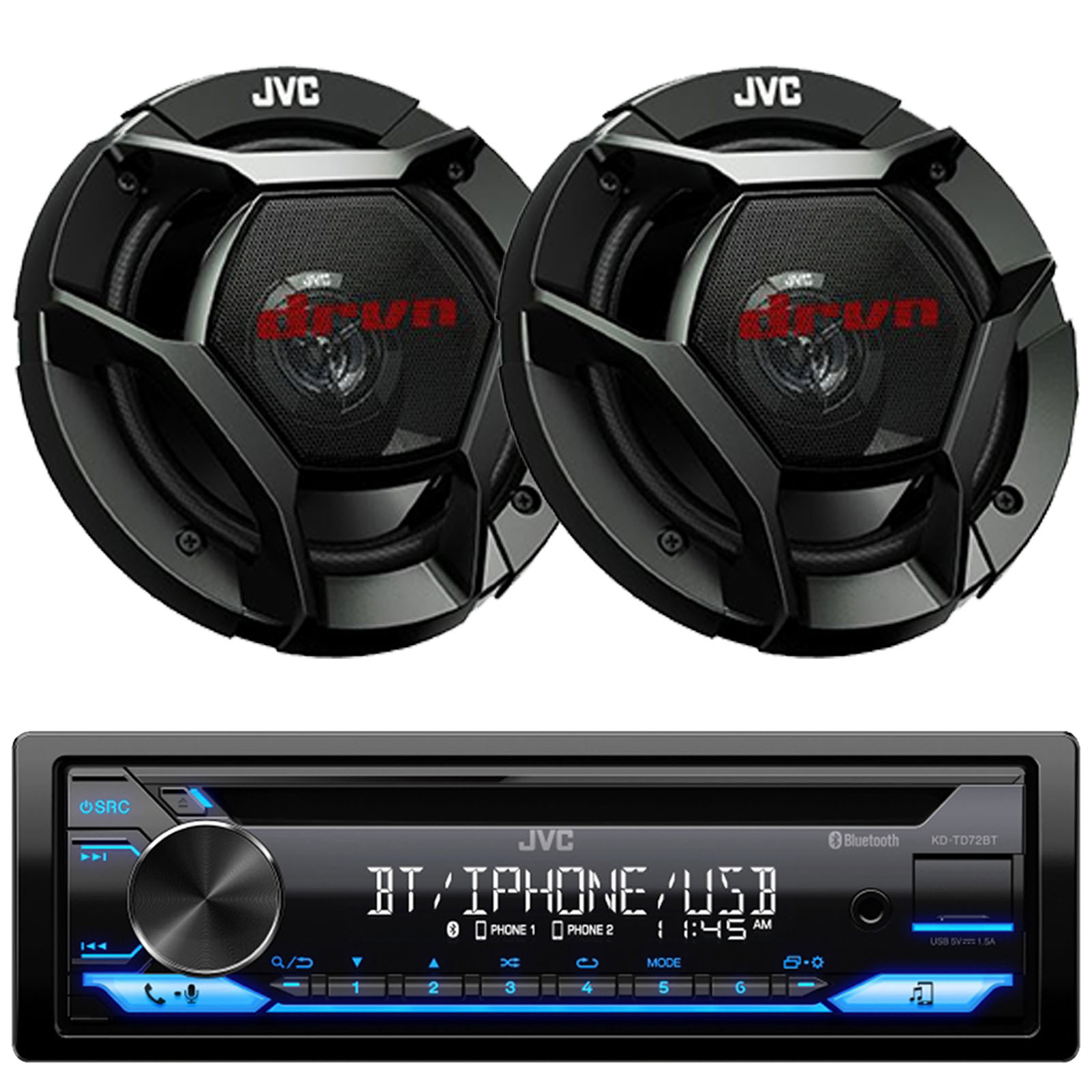 JVC KD-TD72BT Single-DIN Bluetooth CD Receiver, 2x 6.5